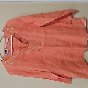 Malcolm & Co. Embroidered Irish Linen Top 3/4 Sleeve With Sequins Sz L